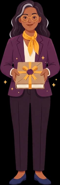 Mira holds a book wrapped in paper with a bow
